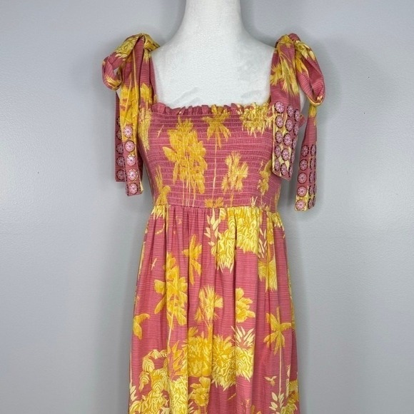 Sheridan French Kelly Dress XL Pink Yellow Floral Tie Strap Smocked Maxi Cotton - Picture 4 of 13